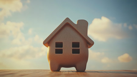 A charming wooden house model stands against a serene sky filled with soft clouds, capturing a warm and inviting essence perfect for home-related themes.の素材