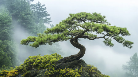 A solitary pine tree stands gracefully on a rocky outcrop, surrounded by misty forests. The tranquil scene captures the essence of natureの素材