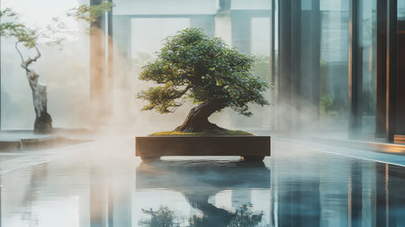 A stunning bonsai tree sits gracefully in a modern zen garden, surrounded by mist and reflective water, creating a tranquil and serene atmosphere.の素材