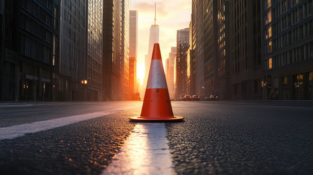 A vibrant traffic cone sits on an empty city street at sunset, surrounded by tall urban buildings, creating a striking visual of city life and tranquility.の素材