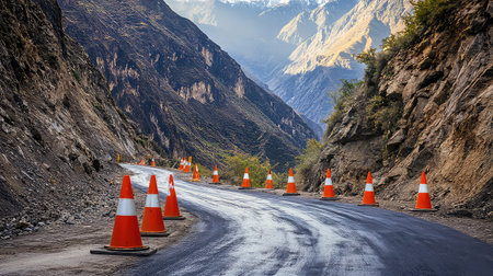 This captivating image showcases a winding road bordered by striking traffic cones and towering mountains, creating a perfect outdoor adventure scene.の素材