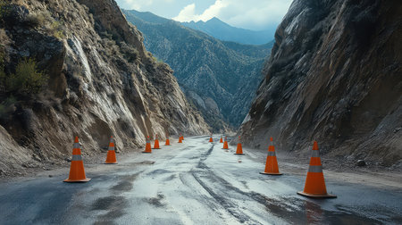A striking image of a closed mountain road marked by bright orange traffic cones, flanked by towering rugged cliffs and moody storm clouds.の素材