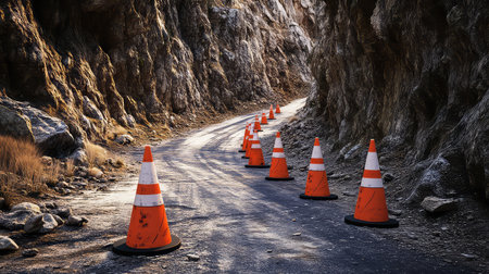 A narrow mountain road lined with bright orange traffic cones, guiding travelers safely through rocky terrain and steep cliffs under clear skies.の素材