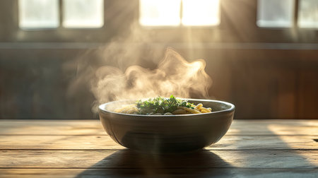 A beautifully arranged bowl of freshly cooked pasta sits on a wooden table, with steam rising gently. The natural light creates a warm, inviting atmosphere, ideal for showcasing comfort food in a rustic kitchen setting.の素材