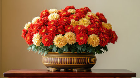 This stunning arrangement features an array of vibrant red and yellow chrysanthemums elegantly displayed in a decorative pot, enhancing any indoor space.の素材