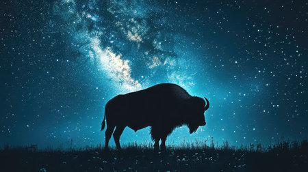 A majestic bison stands silhouetted against a breathtaking cosmic sky featuring a vibrant Milky Way, creating a peaceful nighttime atmosphere in nature.の素材