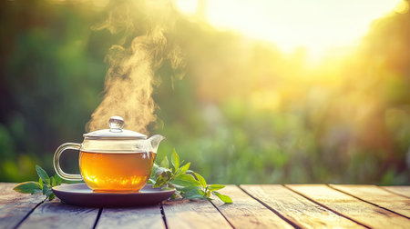 Enjoy a peaceful morning with a steaming glass teapot filled with herbal tea. Fresh herbs accompany the warm beverage on a rustic wooden table, capturing tranquility.の素材