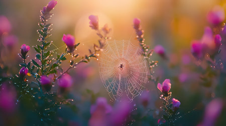 A mesmerizing scene of a spider web adorned with glistening dew in a blooming flower garden at sunrise. The soft colors and serene atmosphere create a tranquil moment in nature.の素材