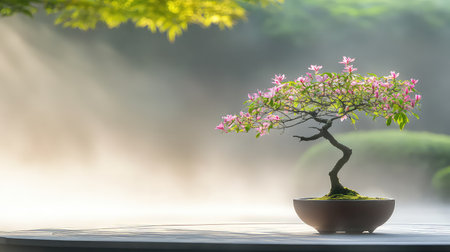 A beautifully crafted bonsai tree in full bloom, featuring delicate pink flowers and set against a misty backdrop. The sunlight filters through green leaves, creating a tranquil atmosphere perfect for relaxation and meditation.の素材