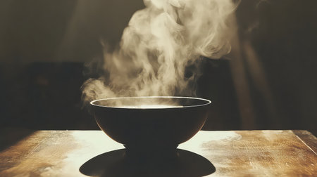 A captivating image of steam rising from a black bowl on a wooden table, with warm light creating a cozy and inviting atmosphere ideal for food photography.の素材