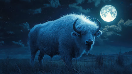 A striking image of a white bison stands gracefully in a moonlit landscape, showcasing its thick fur and powerful presence against a serene night sky.の素材