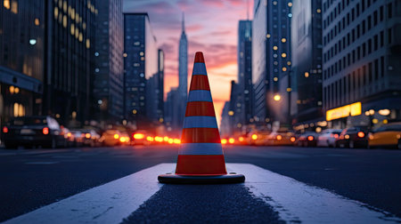 A vivid urban scene featuring a traffic cone positioned on a street, surrounded by a bustling city skyline illuminated by a colorful sunset.の素材