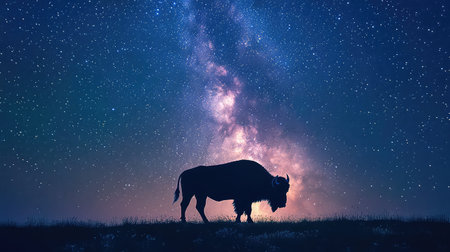 A stunning silhouette of a bison stands majestically against a star-filled night sky. The Milky Way galaxy creates a beautiful backdrop, capturing the essence of tranquility and wilderness.の素材