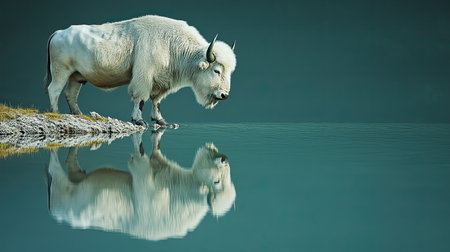 A stunning white bison stands by the water's edge, mesmerized by its own reflection. This peaceful scene showcases the beauty of nature and wildlife.の素材