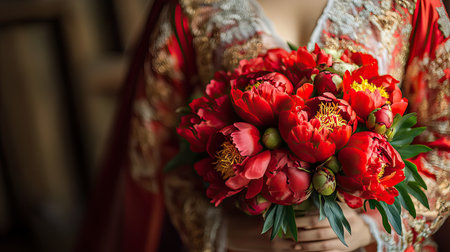 A beautifully dressed bride showcases a stunning bouquet of vibrant red peonies against a softly blurred background. The rich colors and delicate petals symbolize love and elegance, creating a captivating wedding moment.の素材