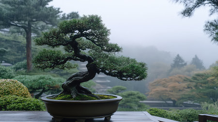 A beautiful bonsai tree stands elegantly in a rain-soaked Japanese garden, with mist rolling across a lush, green landscape, creating a serene atmosphere.の素材