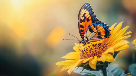 A stunning orange butterfly delicately perched on a cheerful yellow sunflower, showcasing the beauty of nature in a tranquil garden under soft sunlight.の素材