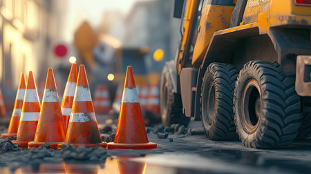 A close-up view of a construction site featuring bright orange warning cones and heavy machinery working on urban streets. The scene illustrates safety measures and industrial activity, highlighting the dynamic environment of city development.の素材