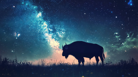 A striking silhouette of a bison stands majestically against a vibrant starry night sky filled with the Milky Way, showcasing nature's beauty.の素材