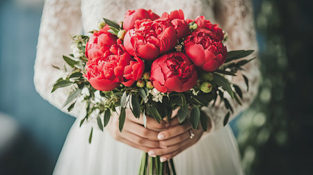 A stunning bride holds a bouquet of radiant red peonies surrounded by fresh greenery, symbolizing love and elegance for the perfect wedding day.の素材