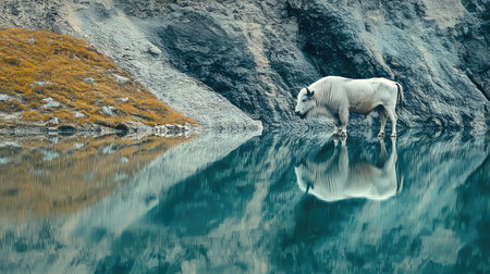 A serene scene captures a majestic white animal standing by a tranquil blue lake, surrounded by rugged rocks and stunning reflections in the water.の素材