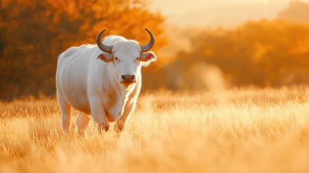 This beautiful image captures a white cow walking gracefully through a golden meadow during sunset, showcasing the warm light of nature and creating a tranquil atmosphere.の素材