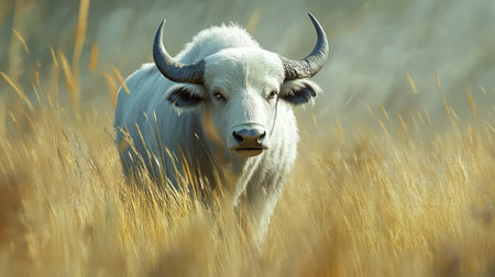 A stunning white bull gazes directly at the viewer from a sea of golden grass, showcasing the beauty of wildlife in a tranquil natural setting.の素材
