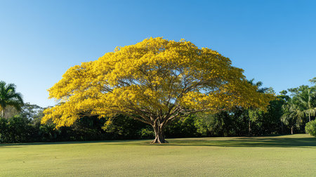 A stunning depiction of a golden flamboyant tree set against a clear blue sky, surrounded by vibrant greenery, showcasing nature's elegance and serenity.の素材