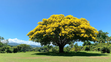 A stunning tree adorned with brilliant yellow blossoms stands majestically against a clear blue sky, creating a picturesque scene in a lush green landscape.の素材