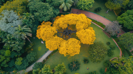 This stunning aerial image showcases a vibrant yellow tree surrounded by a lush green garden. Perfect for illustrating the beauty of nature and tranquility.の素材