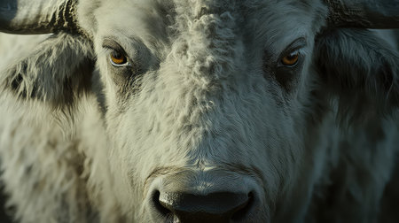 This captivating close-up image features a white bull showcasing its intense eyes and unique facial features in a natural setting. The bullの素材