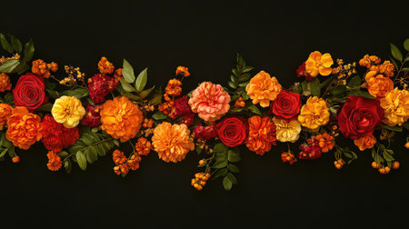 A stunning arrangement of vibrant red, orange, and yellow flowers set against a dark background, perfect for adding a burst of color to various creative projects.の素材