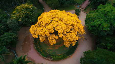 A stunning view of a bright yellow flowering tree stands majestically in a park surrounded by lush greenery, inviting visitors to enjoy nature's beauty.の素材