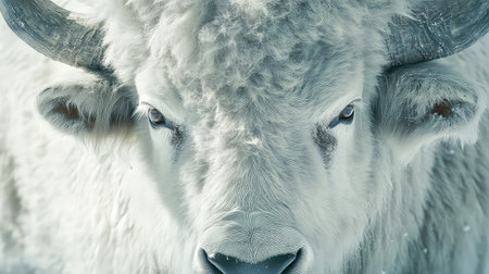 A stunning close-up portrait of a white animal showcasing intense gaze and fluffy fur, set against a beautiful snowy backdrop reflecting winterの素材
