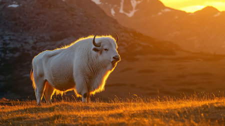 A stunning white bison stands proudly in a sunlit meadow, framed by majestic mountains. The warm glow of sunset casts a golden hue, creating a serene atmosphere.の素材