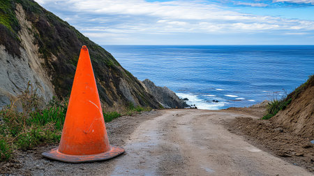 A bright orange traffic cone stands prominently on a dirt road leading to a stunning coastal viewpoint. The tranquil ocean waves break against the rocks, creating a serene atmosphere, perfect for outdoor adventurers and nature enthusiasts.の素材