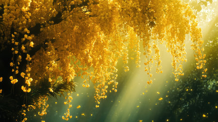 A stunning scene showcasing vibrant yellow flowers cascading from tree branches, illuminated by soft sunlight, creating a tranquil atmosphere in nature.の素材