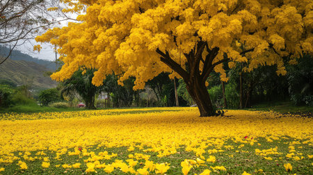 A stunning view of a vibrant yellow flowering tree amidst a lush green park, with golden petals blanketing the ground, creating a serene and picturesque scene.の素材