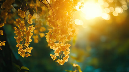A stunning display of sunlit yellow flowers hanging gracefully against a shimmering bokeh background, capturing the essence of natureの素材
