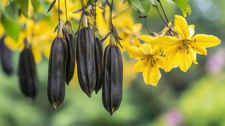 This captivating image features striking black pods alongside vibrant yellow flowers, set against a lush green backdrop. A vivid representation of nature's beauty.の素材