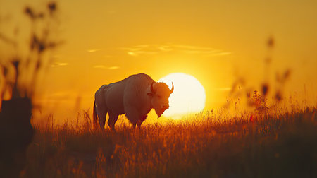 A striking silhouette of a bison stands proudly against a vibrant sunset, showcasing the beauty of wildlife in its natural habitat during golden hour.の素材