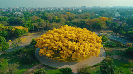 An aerial view captures a stunning yellow tree in a vibrant green park, with a serene urban skyline in the distance under a bright sky.の素材