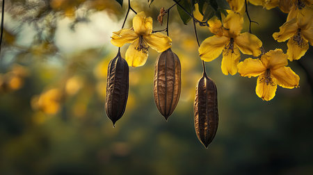 An enchanting close-up of yellow flowers and brown pods gently hanging from a branch, beautifully illuminated by soft natural light, perfect for nature lovers.の素材