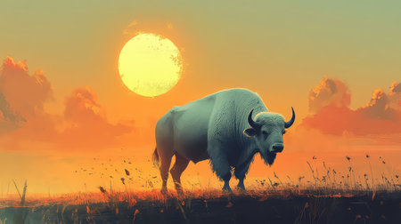 A majestic white buffalo stands proudly against a vibrant sunset, creating a striking silhouette in a tranquil landscape. This scene captures the beauty of nature.の素材