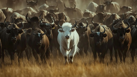 A striking white cow emerges boldly in a vast herd of black cattle, creating a captivating contrast in a serene rural setting filled with natural beauty.の素材