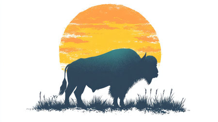 A stunning silhouette of a bison stands proudly against a breathtaking sunset, showcasing vibrant hues of orange and yellow in the sky. A perfect image for nature lovers.の素材