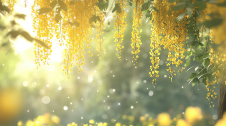 A stunning display of yellow flowers cascading from tree branches creates a luminous atmosphere in a tranquil nature scene, filled with soft bokeh and peaceful serenity.の素材