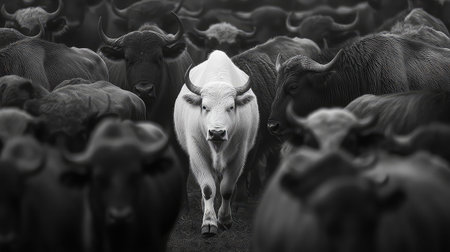 A striking image of a white bull standing confidently among a dark herd of black cattle, creating a visually captivating contrast. The scene evokes themes of strength and individuality within a dramatic monochrome setting.の素材