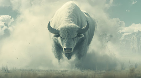 A powerful white bison charges through a dusty landscape, surrounded by clouds and a dramatic sky, symbolizing strength and freedom in nature.の素材
