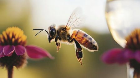 A stunning close-up image of a honey bee captured in flight near colorful flowers, showcasing its intricate features against a softly blurred background.の素材